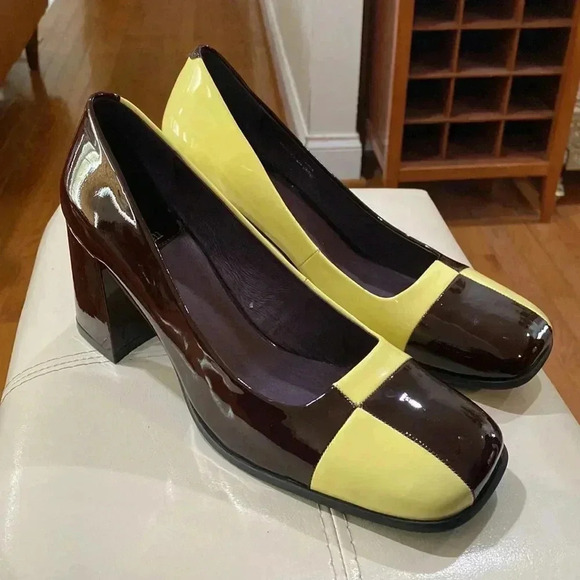 Jeffrey Campbell Shoes - Jeffrey Campbell Brown and Yellow Patent Leather Block Heel Pumps